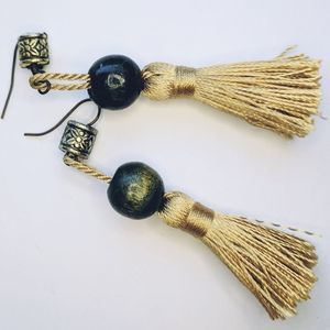Gold tassel and Green wooden bead boho earrings